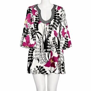 Trina Turk Silk Floral Shift Dress 6 Beaded Neckline Bell Sleeves Wedding Guest